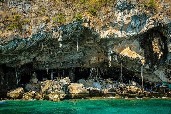 Viking cave where bird's nests are collected. Phi-Phi Leh island in Krabi, Thailand.